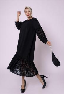 Rochie A-line neagra, midi, cu volane din tull la maneci si poale, cu paiete si broderie
