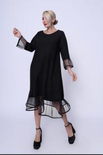 Rochie A-line neagra, midi, cu volane din tull la maneci si poale