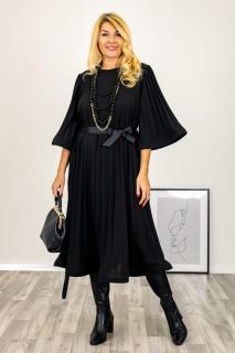 Rochie A-line neagra, plisata cu maneca clopot si cordon