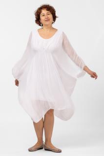 Rochie alba, midi, ampla, din matase naturala, cu detaliu sub bust, in colturi