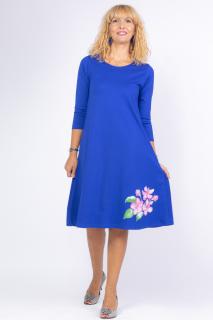 Rochie albastra  A line  midi, cu imprimeu floare picturala