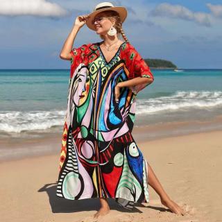 Rochie boema de plaja lunga oversize, tip poncho din bumbac si vascoza, cu imprimeu artistic-Picasso