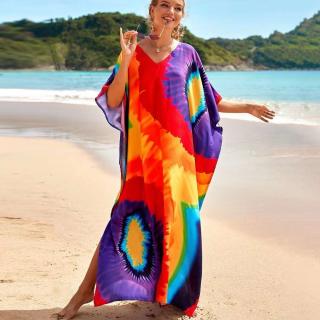 Rochie boema de plaja lunga oversize, tip poncho din bumbac si vascoza, cu imprimeu pictural