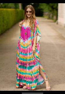 Rochie boema de plaja lunga oversize, tip poncho din bumbac si vascoza, cu imprimeu Tie-Dye