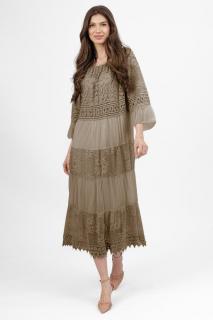 Rochie boho bej inchis, lunga cu volane, din matase naturala cu dantela