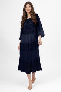 Rochie boho bleumarin, lunga cu volane, din matase naturala cu dantela