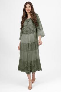 Rochie boho kaki, lunga cu volane, din matase naturala cu dantela