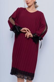 Rochie bordo plisata midi cu maneca dublata cu tull si dantela