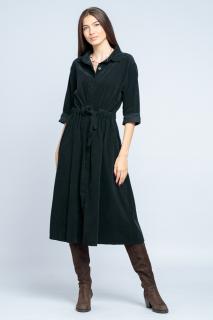 Rochie camasa din catifea reiata, neagra, cu cordon in talie