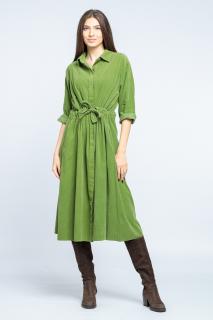 Rochie camasa din catifea reiata, verde olive, cu cordon in talie