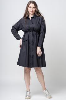 Rochie camasa din poplin satinat, cu siret in talie, neagra