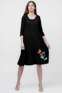 Rochie clos, taiata in talie, cu buzunare ascunse, din bumbac, negru cu imprimeu floare stilizata