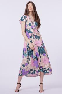 Rochie cu bust petrecut si imprimeu floral pe fond bej