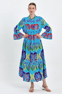 Rochie cu imprimeu boho  pe fond albastru, din vascoza