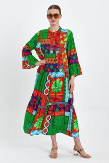 Rochie cu imprimeu boho verde-portocaliu, din vascoza