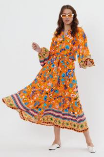 Rochie cu imprimeu marin pe fond portocaliu, din vascoza