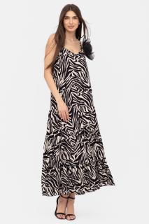 Rochie cu volane si bretelute, lunga, animal print alb-negru