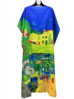 Rochie de plaja lunga tip poncho din matase cu casute pe fond albastru si verde