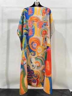 Rochie de plaja lunga tip poncho din matase cu cercuri si motive abstracte multicolore