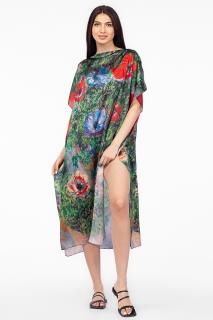 Rochie de plaja lunga tip poncho din matase cu imprimeu impresionist, floral pe fond verde