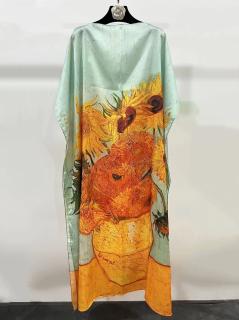 Rochie de plaja lunga tip poncho din matase cu reproducere dupa    Floarea Soarelui   de Van Gogh