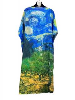 Rochie de plaja lunga tip poncho din matase cu reproducere dupa   Noaptea Instelata  a lui Van Gogh