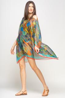 Rochie de plaja tip poncho cu mandale multicolore si margine corai cu turcoaz, matase si vascoza