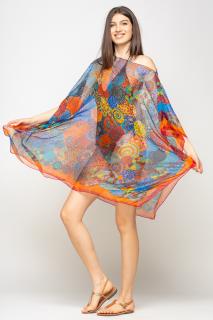 Rochie de plaja tip poncho cu mandale multicolore si margine rosie cu portocaliu, matase si vascoza