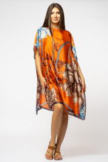 Rochie de plaja tip poncho din matase cu imprimeu abstract pe fond portocaliu