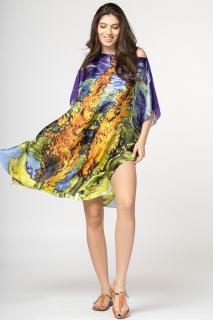 Rochie de plaja tip poncho din matase cu imprimeu inspirat dintr-o pictura cu chiparosi a lui Van Gogh