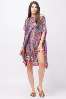 Rochie de plaja tip poncho din matase cu imprimeu paisley pe fond fucsia