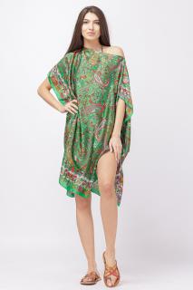 Rochie de plaja tip poncho din matase cu imprimeu paisley pe fond verde