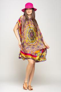 Rochie de plaja tip poncho din matase cu mandala centrala in chenar fucsia si mov