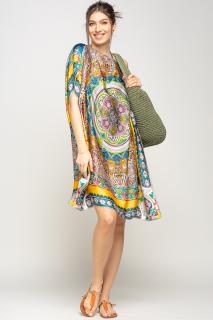 Rochie de plaja tip poncho din matase cu mandala centrala in chenar galben si gri