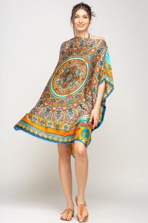 Rochie de plaja tip poncho din matase cu mandala centrala in chenar portocaliu si albastru