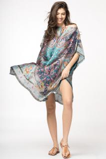 Rochie de plaja tip poncho din matase cu motive orientale pe fond turcoaz