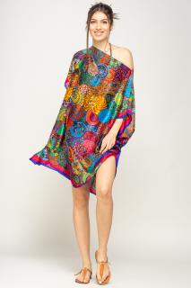 Rochie de plaja tip poncho din matase imprimat cu mandale multicolore cu albastru si bordo pe margine