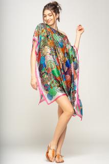 Rochie de plaja tip poncho din matase imprimat cu mandale multicolore cu roz si alb pe margine