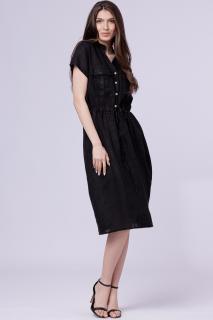 Rochie de vara midi din in cu buzunare si siret in talie, neagra