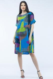 Rochie de vara midi din in, cu imprimeu pictural pe fond albastru