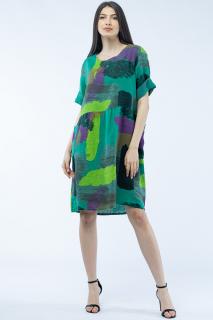 Rochie de vara midi din in, cu imprimeu pictural pe fond verde