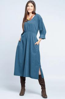 Rochie din catifea reiata albastru jeans, cu elastic sub bust