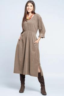 Rochie din catifea reiata bej, cu elastic sub bust