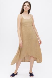 Rochie din in, cu bretele reglabile si elastic la spate, camel