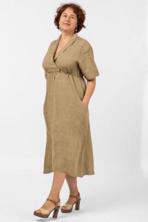 Rochie din in, cu decolteu in V si siret sub bust, camel