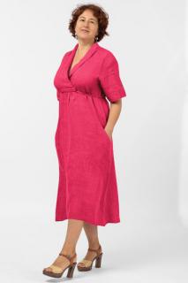 Rochie din in, cu decolteu in V si siret sub bust, fucsia