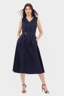 Rochie din poplin satinat de bumbac cu cordon in talie, bleumarin