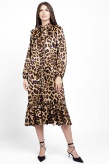 Rochie eleganta din satin, cu nasturei albi perlati si imprimeu animal print