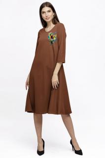 Rochie Eva midi maro ciocolata A line din tricot de vascoza si decolteu rotund, imprimeu floare la piept