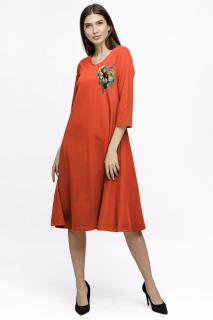Rochie Eva midi portocaliu A line din tricot de vascoza si decolteu rotund, imprimeu floare la piept